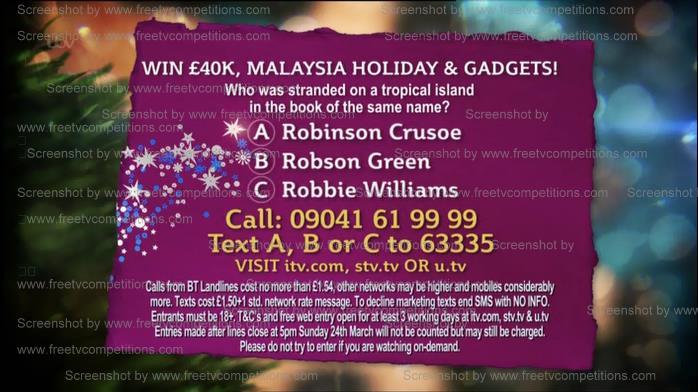 Question and answer for This Morning ITV free competition - Valid to 29th March 2013