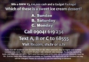 ITV Ant and Dec Saturday Night Takeaway competition question 22 March 2014